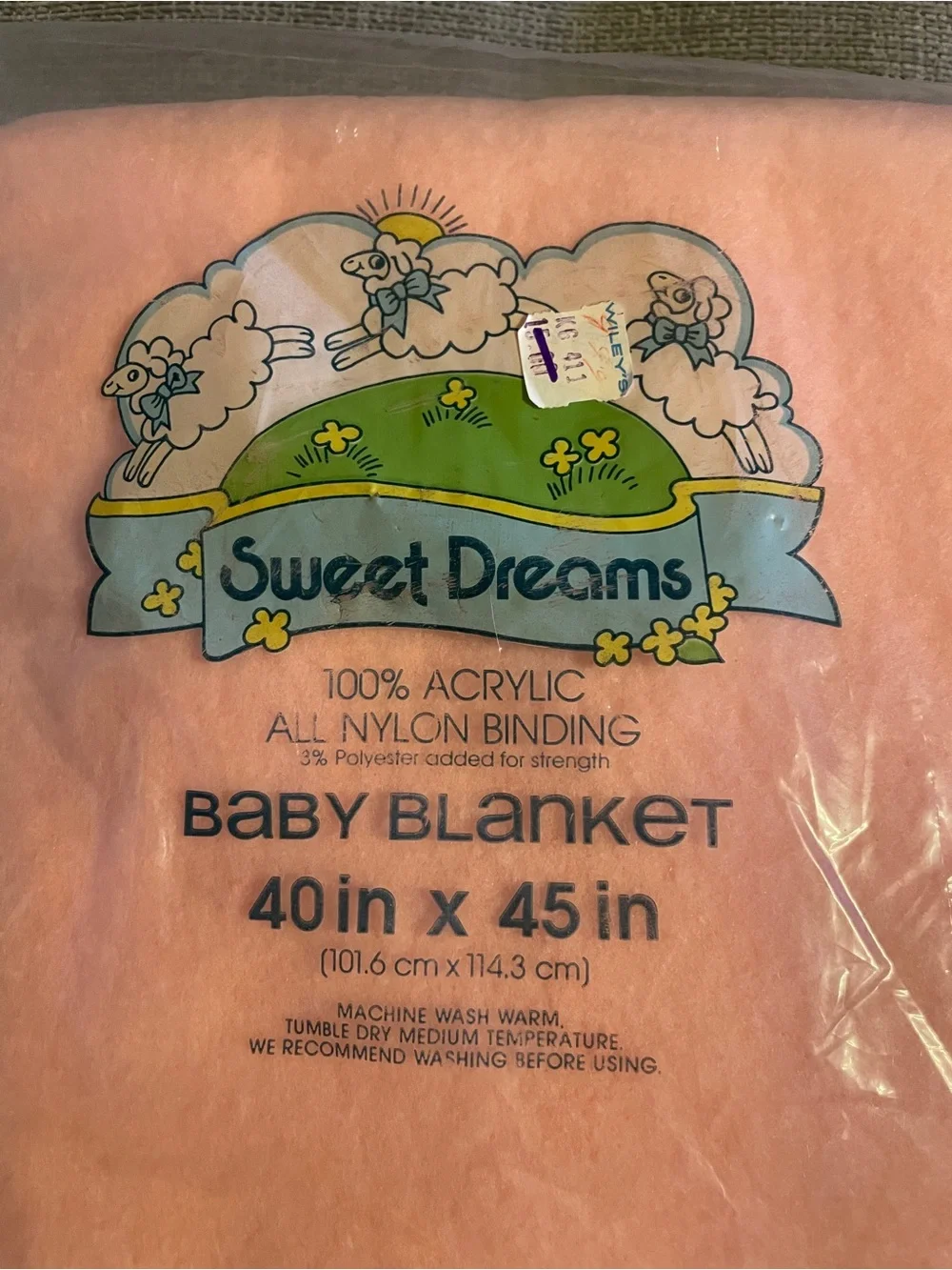 NOS Vintage Sweet Dreams Pink Acrylic Baby Blanket 40”x45” Owen Blankets